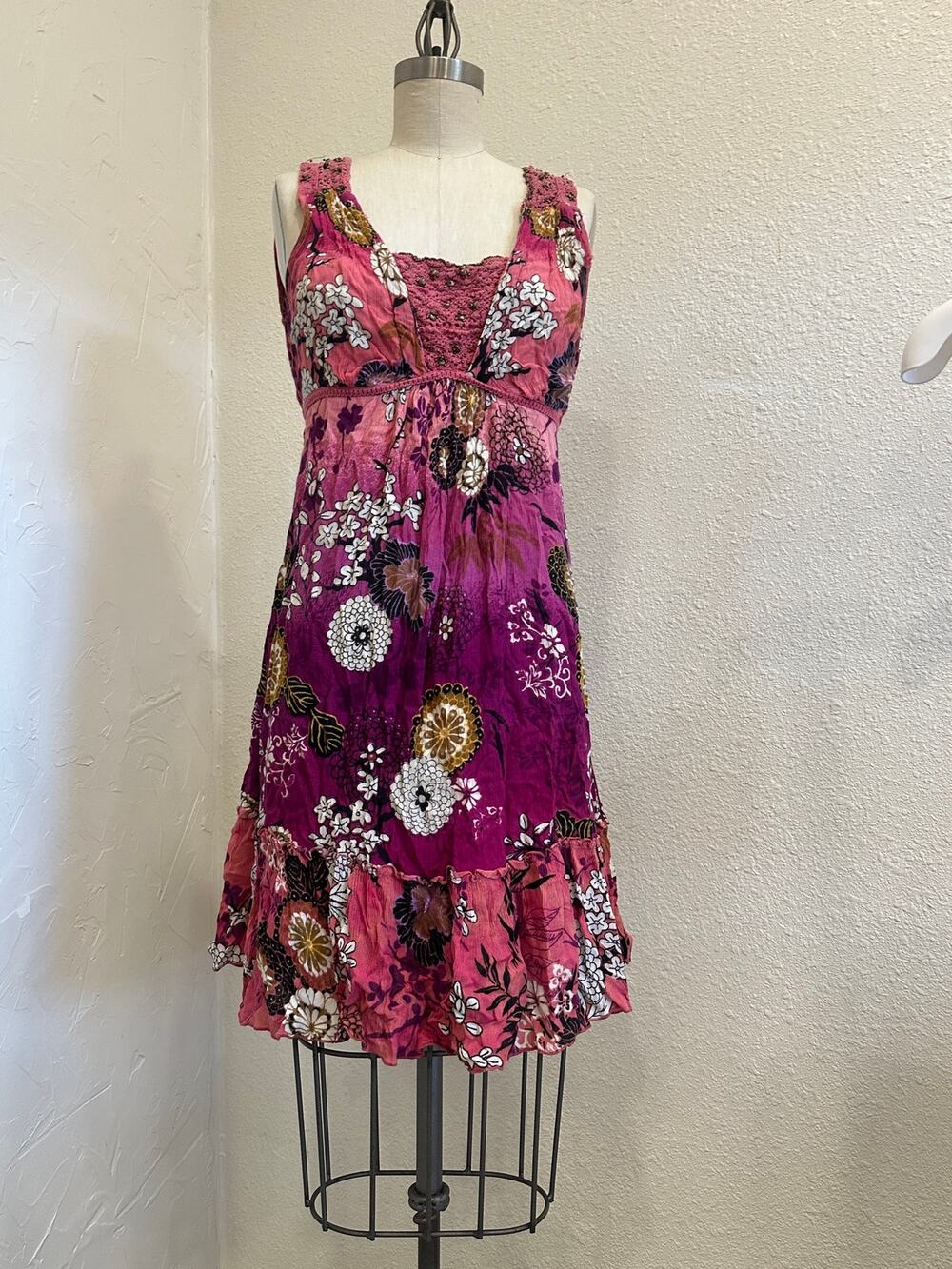 Forbidden Floral Floral Crochet Beaded Boho Midi Dress Pink Purple Sleeveless